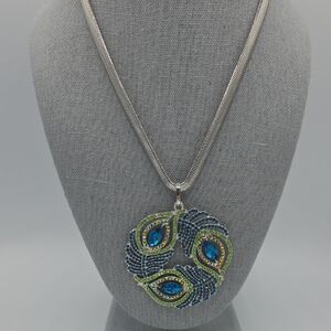 5 for $25! Peacock Design Blue Green Pendant Silver Tone Necklace